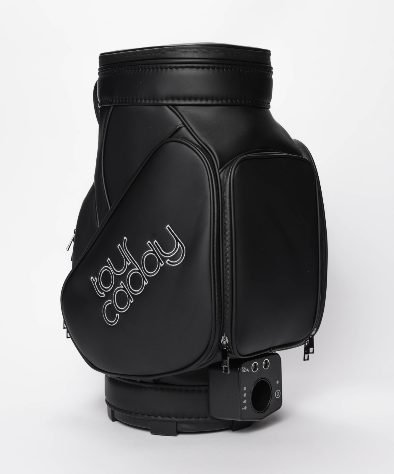Tour Caddy Black golf bag in black leather with the embroidered Tour Caddy logo on the side pocket #color_black