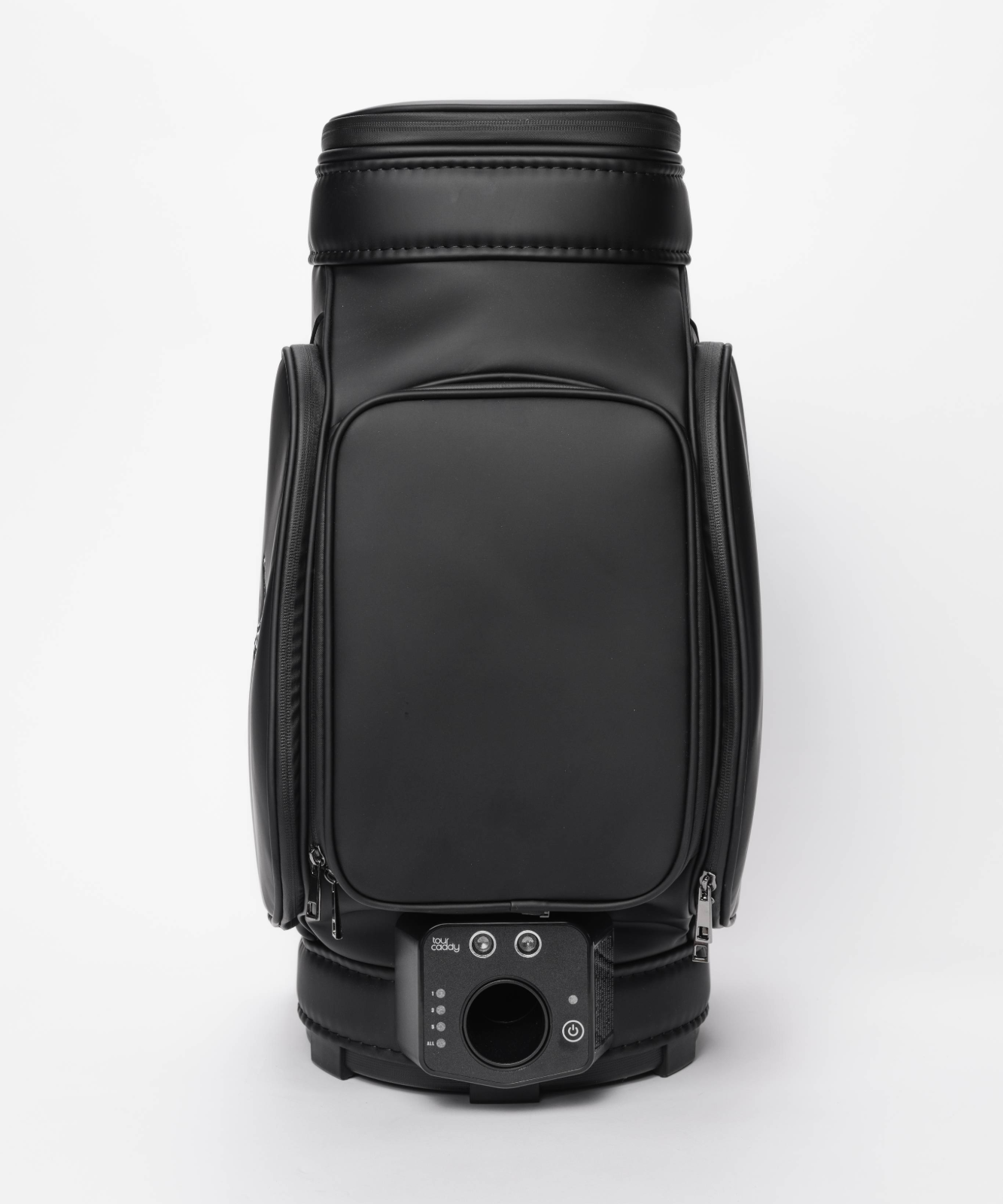 Tour Caddy Black golf bag viewed straight on, showing the ball dispenser control panel at the base #color_black