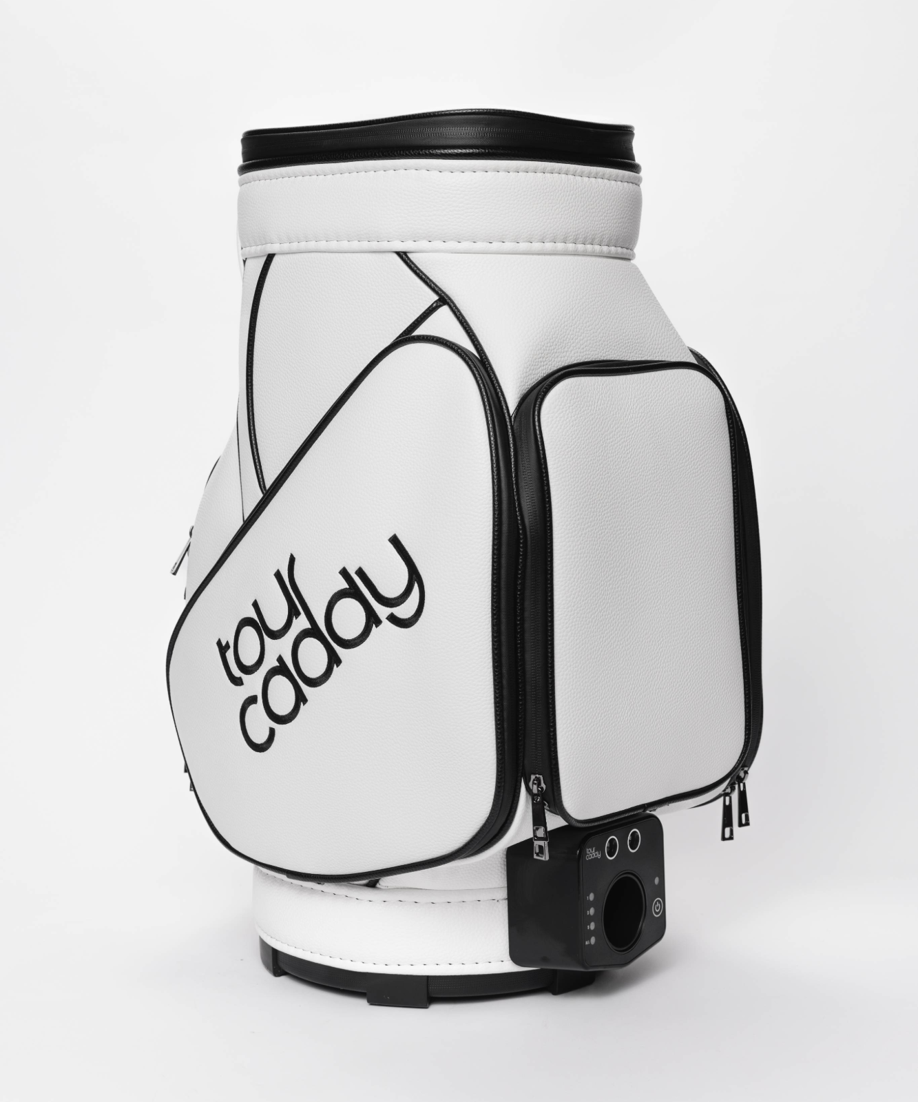 Tour Caddy White golf bag in white leather with black trim and the embroidered Tour Caddy logo on the side pocket #color_white
