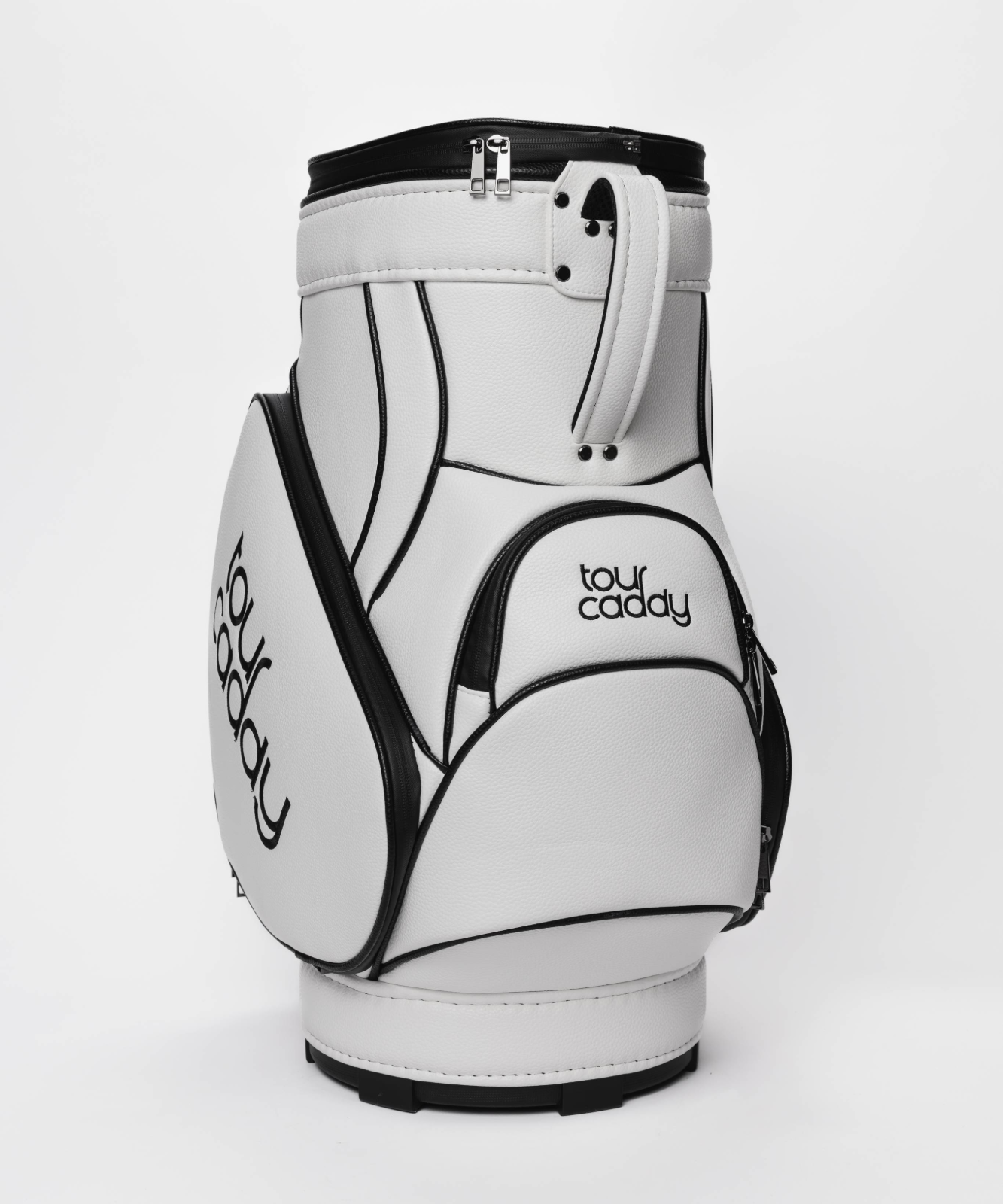 Tour Caddy White golf bag, detail of the leather panels and zippered pockets #color_white