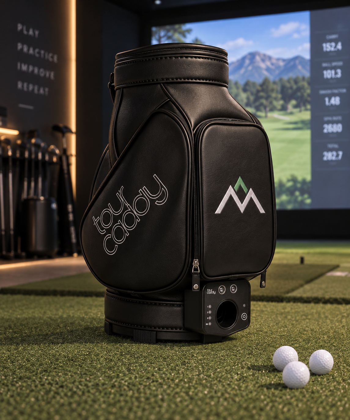 Black Tour Caddy in a simulator bay with a customer's mountain logo embroidered on the front pocket